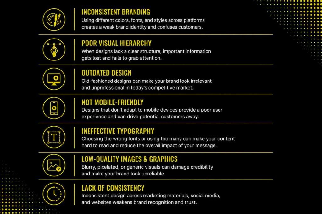 Infographic illustrating common design problems businesses face, including inconsistent branding, poor visual hierarchy, outdated design, weak typography, and low-quality graphics.