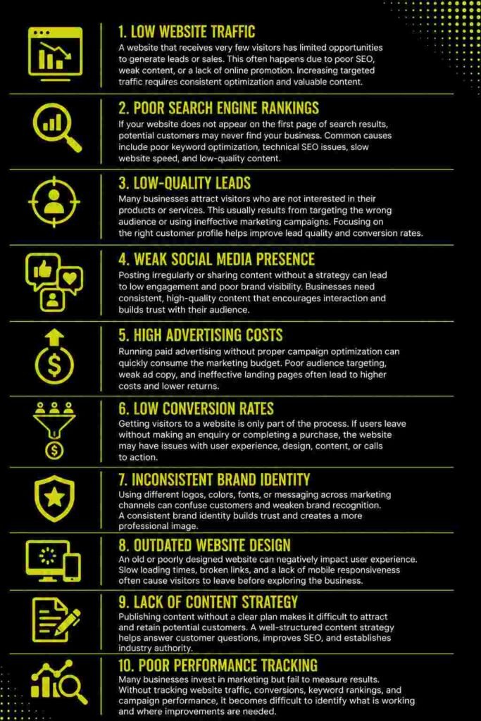 Infographic illustrating common digital marketing problems businesses face, including low website traffic, poor search engine rankings, weak social media presence, and low conversion rates.