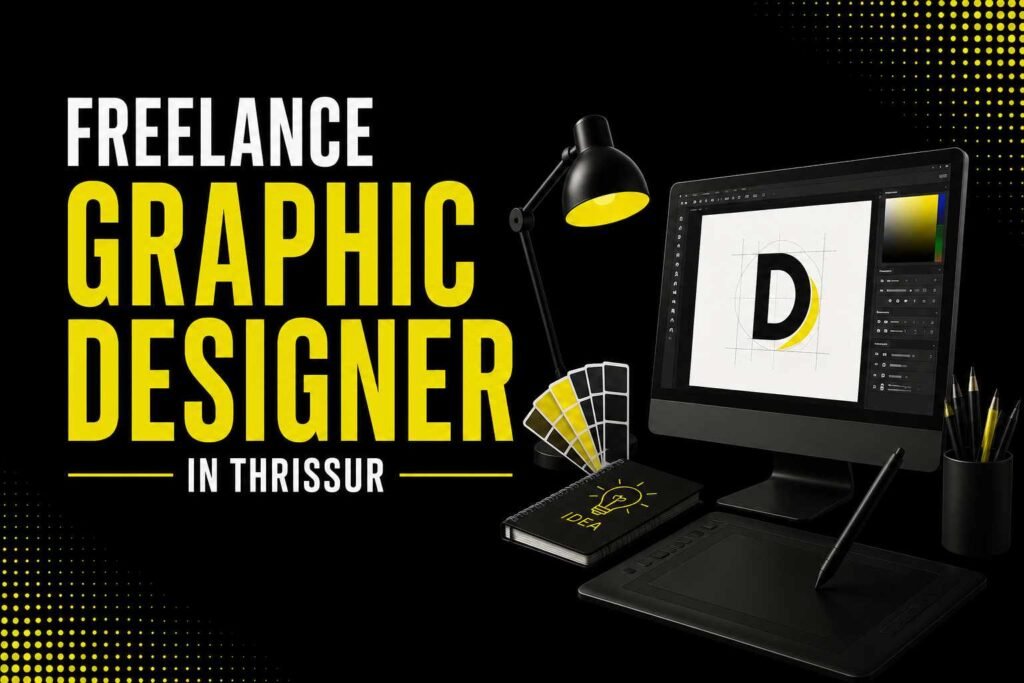 Professional Freelance Graphic Designer in Thrissur offering logo design, branding, social media graphics, and creative design services.